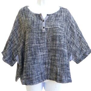 Poetry Henley Top Double Layer Weaved Linen Cotton Blend Navy White Vents Plus